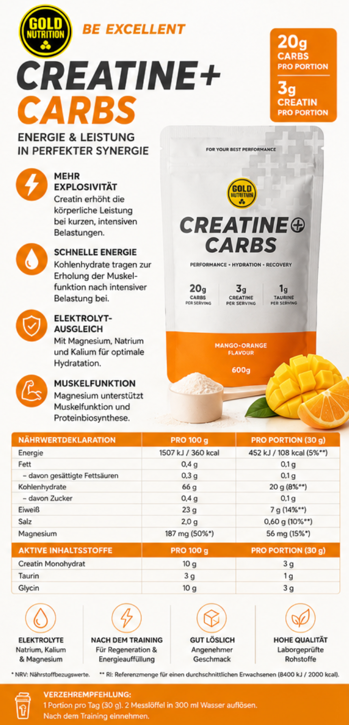Kreatin + Kohlenhydrate Mango Orange – 600 g